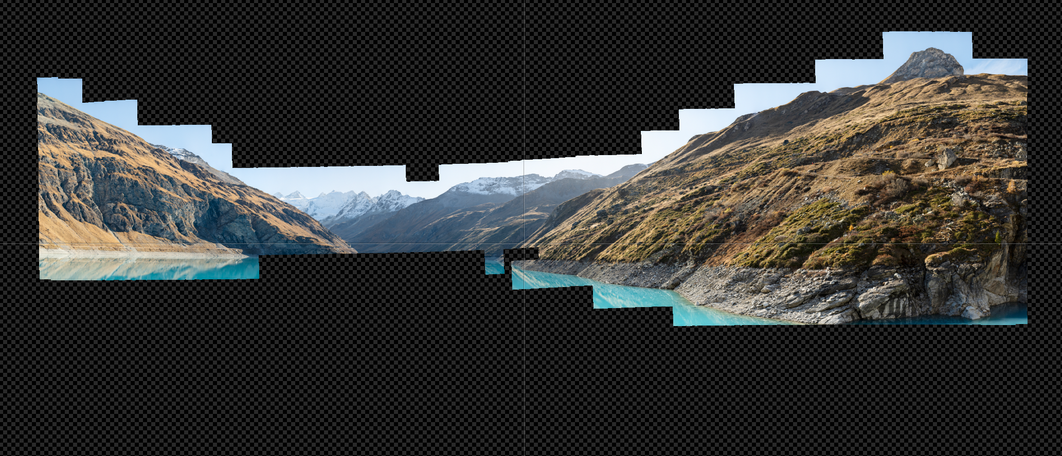 The assembled 450 mm panorama with its frame boundaries showing — every little step is the edge of one of the 1,695 source images.